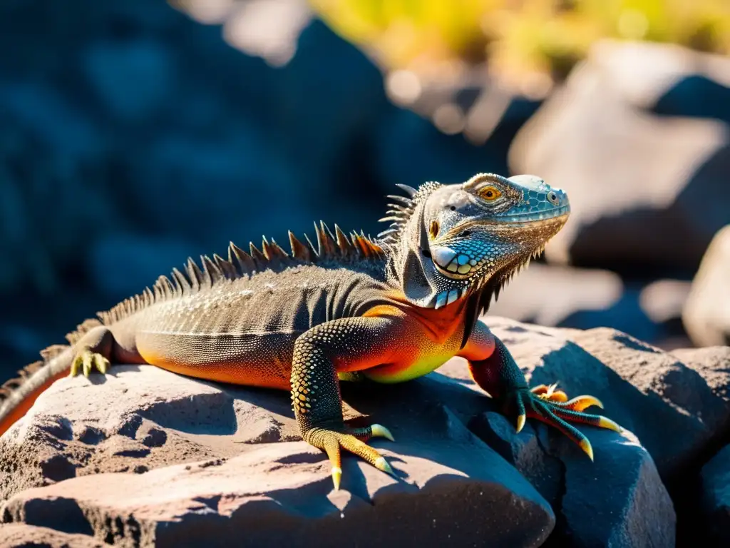 Grupo de iguanas marinas de Galápagos adaptándose al estrés térmico en rocas volcánicas bajo el sol ecuatorial