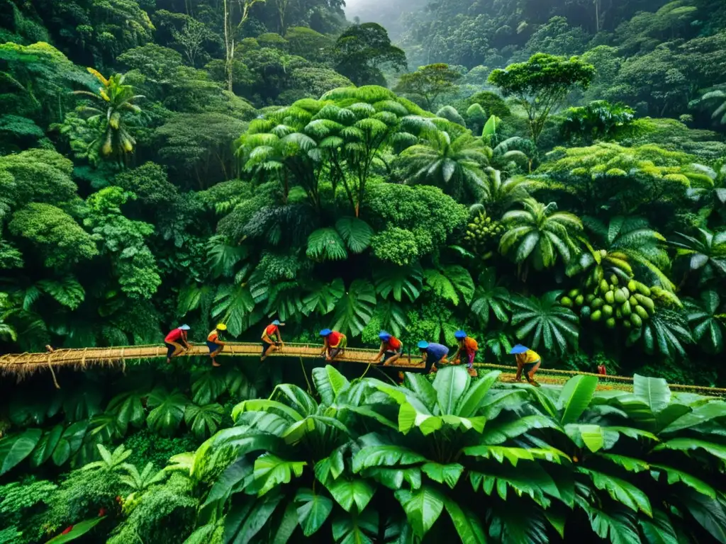 Grupo indígena cosechando frutas y nueces en la selva tropical durante el monzón, mostrando el impacto de los ecosistemas tropicales