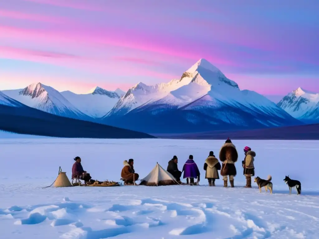 Grupo indígena con trajes tradicionales de piel en la tundra nevada al atardecer