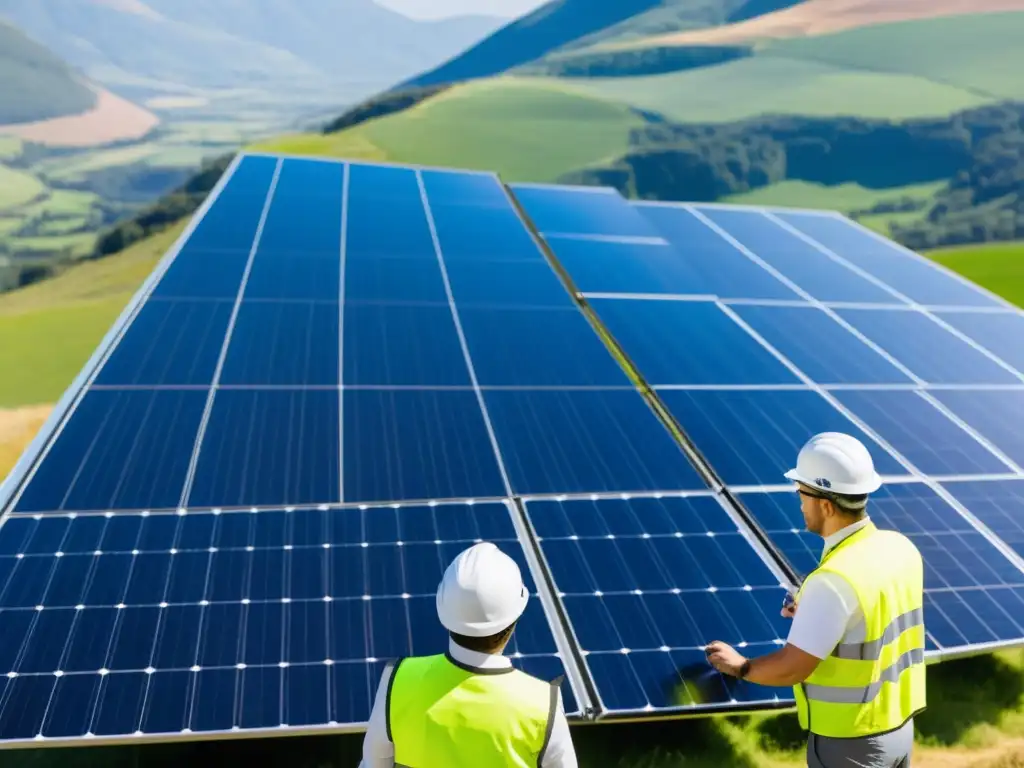 Grupo de ingenieros de energías renovables inspeccionando paneles solares en un día soleado