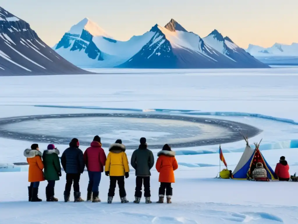 Grupo inuit en vestimenta tradicional frente a paisaje ártico