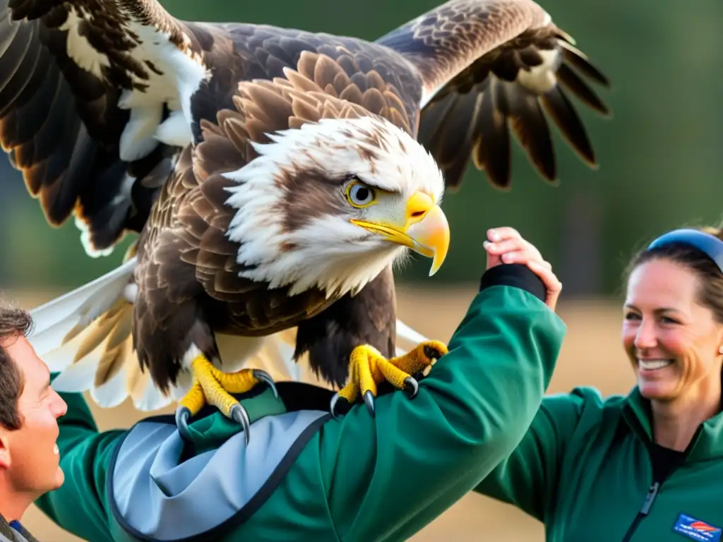 Grupo de investigadores liberando con cuidado un águila calva rehabilitada a la naturaleza