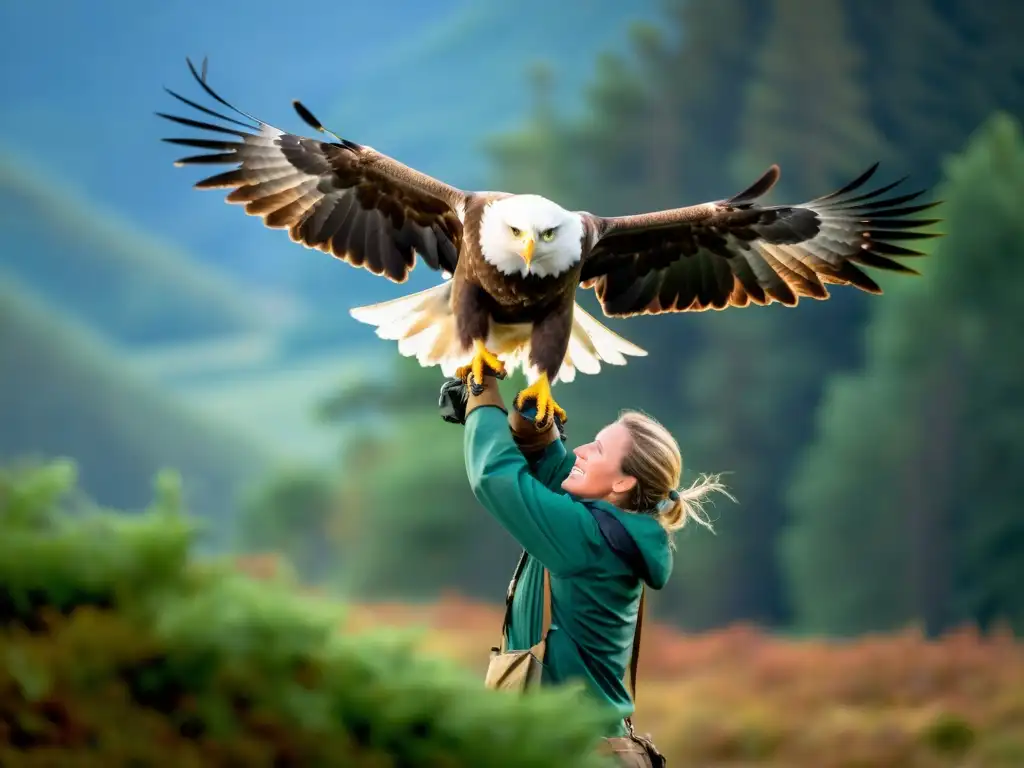 Grupo de investigadores de conservación de fauna silvestre liberando águila rehabilitada en la naturaleza