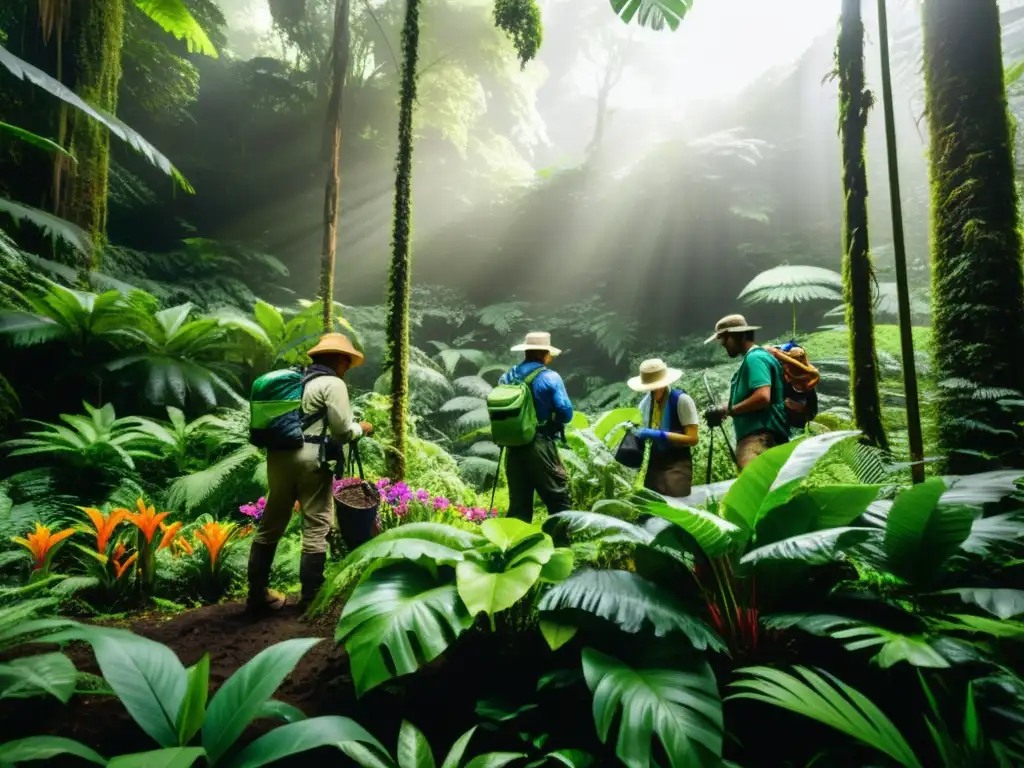 Grupo de investigadores recolectando muestras de suelo en la exuberante selva, rodeados de biodiversidad