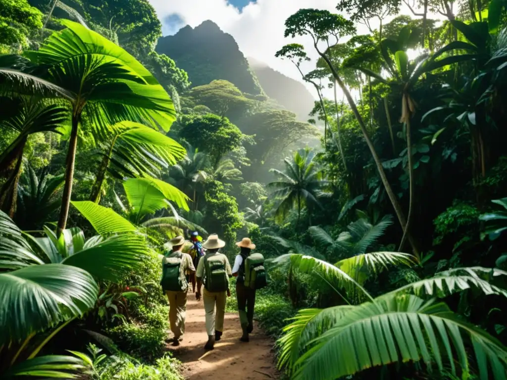 Grupo de investigadores en expedición ecológica en las Seychelles, explorando exuberante selva y montañas misty, con intensa curiosidad