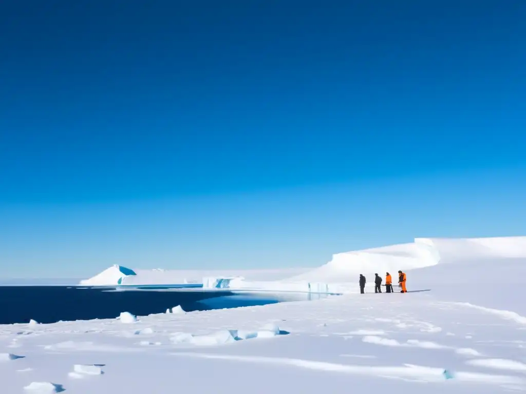 Grupo de investigadores realizando trabajo de campo en un paisaje polar, con un oso polar de fondo