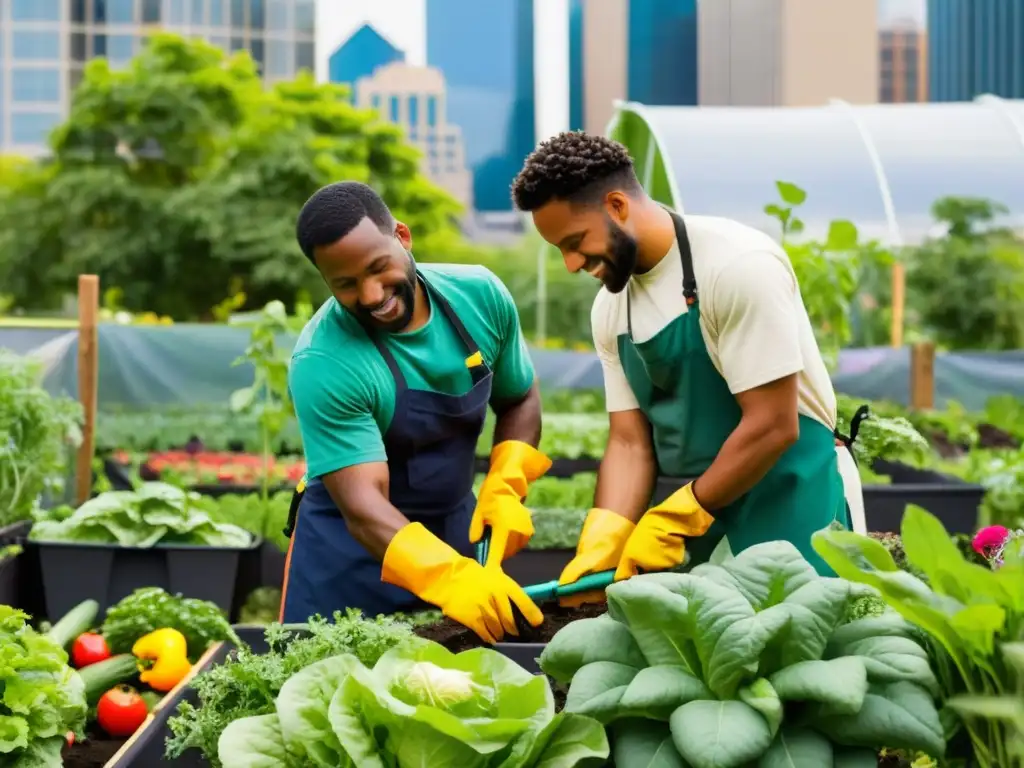 Un grupo de jardineros urbanos diversos cuida un próspero huerto comunitario en la ciudad