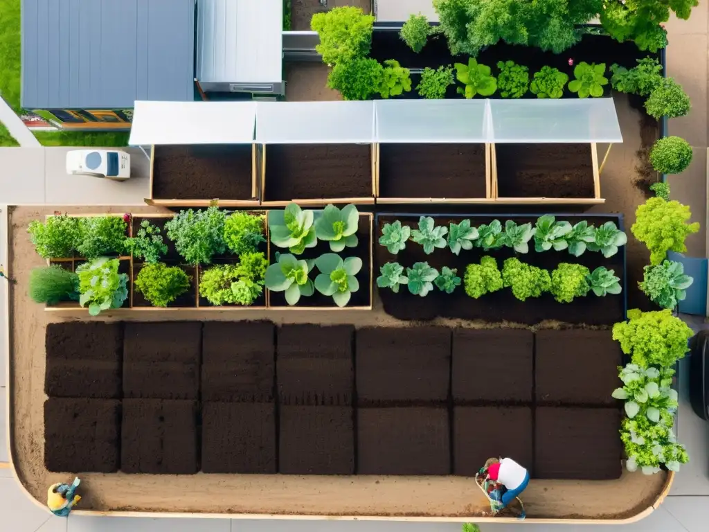 Grupo de jardineros urbanos preparando la tierra y construyendo camas elevadas en un lote vacío de la ciudad