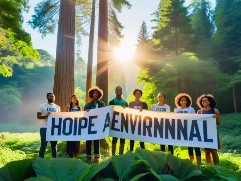 Un grupo de jóvenes activistas se paran en un bosque bañado por el sol, sosteniendo carteles con mensajes ambientales impactantes