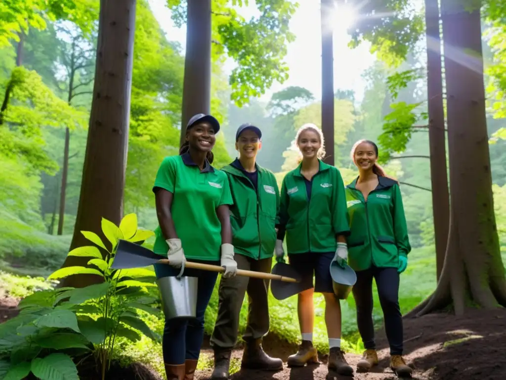 Un grupo de jóvenes conservacionistas plantando árboles en un claro del bosque