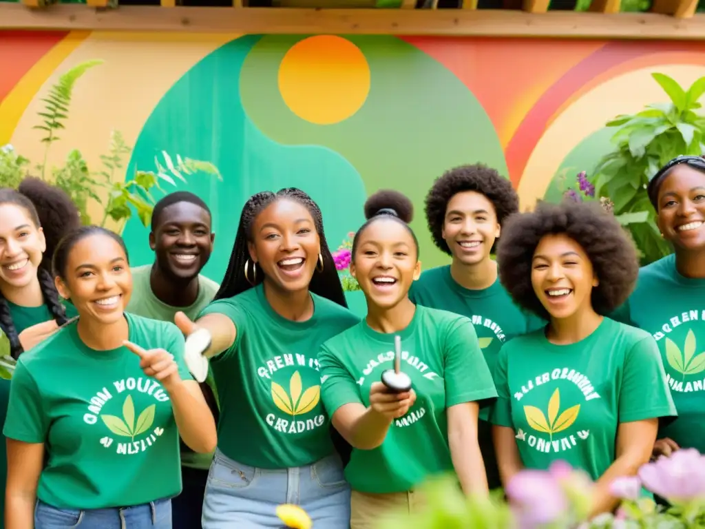 Un grupo de jóvenes entusiastas con camisetas verdes, rodeados de naturaleza, escuchan a un educador ambiental