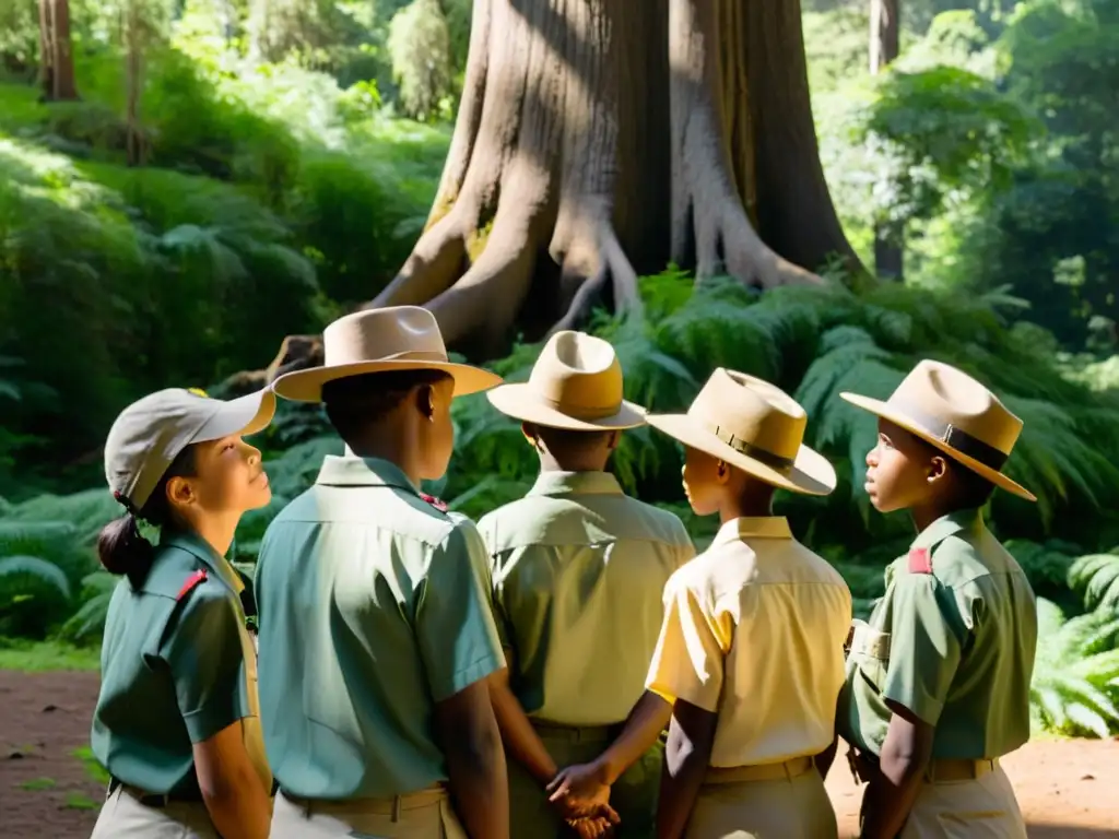 Grupo de jóvenes estudiantes en uniformes escuchan a un guardabosques en un bosque