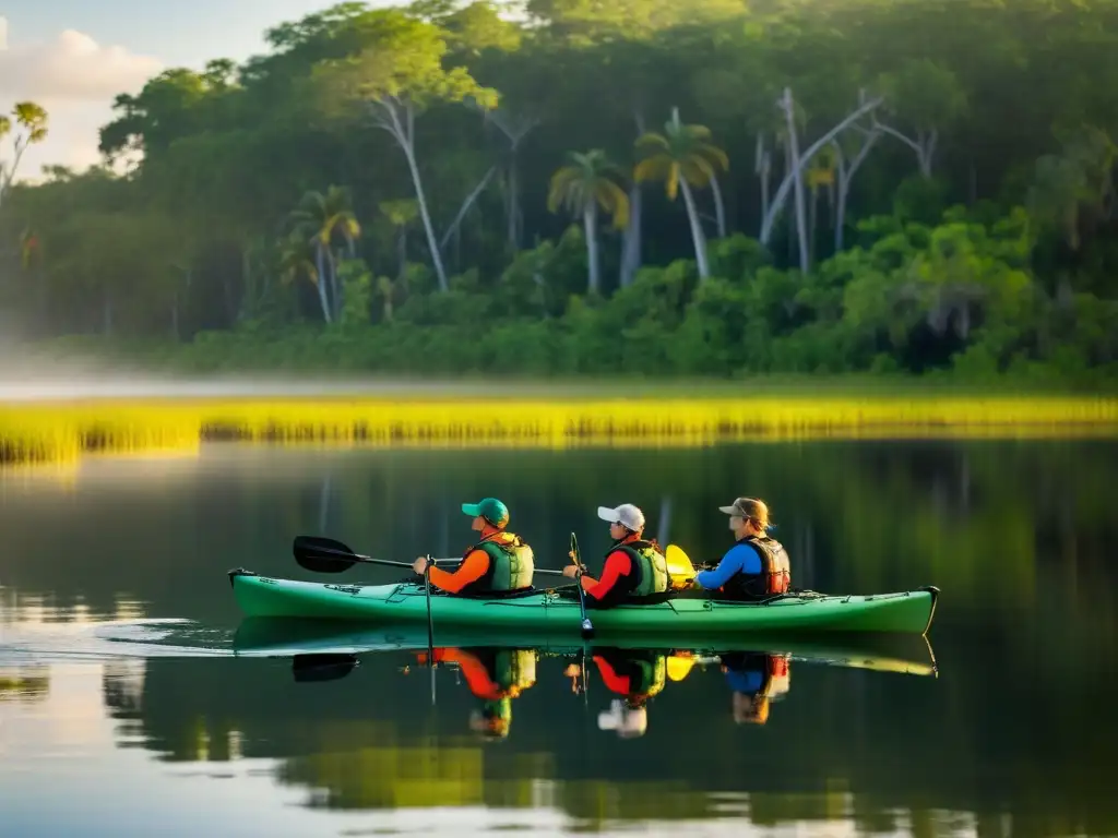 Un grupo de kayakistas se prepara para navegar en las tranquilas aguas de los Everglades al amanecer