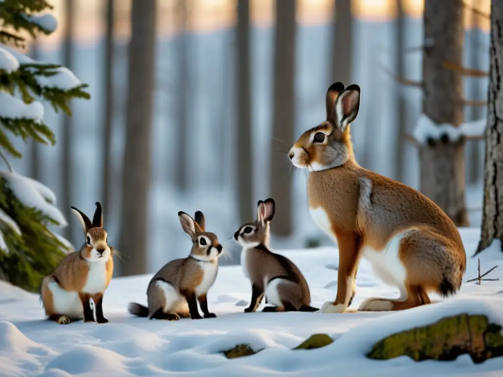 Grupo de liebres blancas y marrones en bosque invernal, mostrando adaptación fauna silvestre calentamiento global