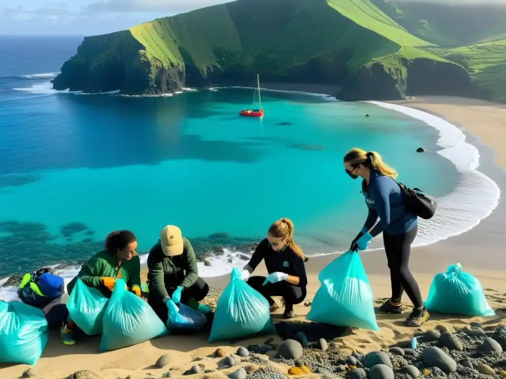 Grupo local y biólogos marinos limpiando playa en Azores, con el mar turquesa de fondo