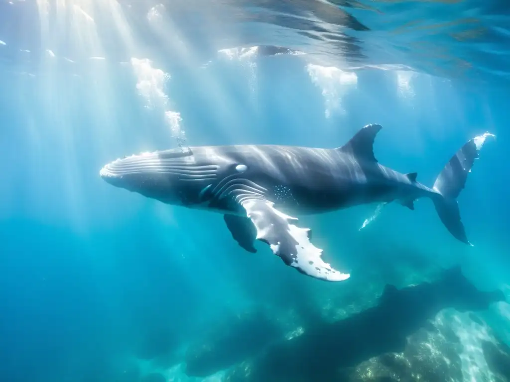 Un grupo de majestuosas ballenas jorobadas nada con gracia en aguas turquesas, desempeñando su rol ecosistémico con elegancia