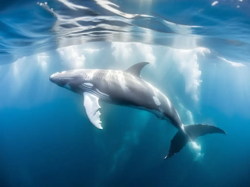 Grupo de majestuosas ballenas jorobadas nadando junto a un enorme banco de krill en la Antártida, destacando la importancia del krill en el ecosistema antártico