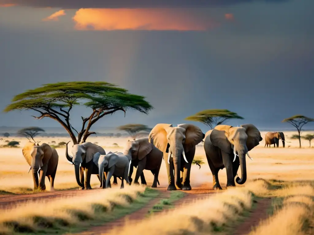 Un grupo majestuoso de elefantes deambula pacíficamente por la vasta sabana del Serengeti, bañados por una cálida luz dorada