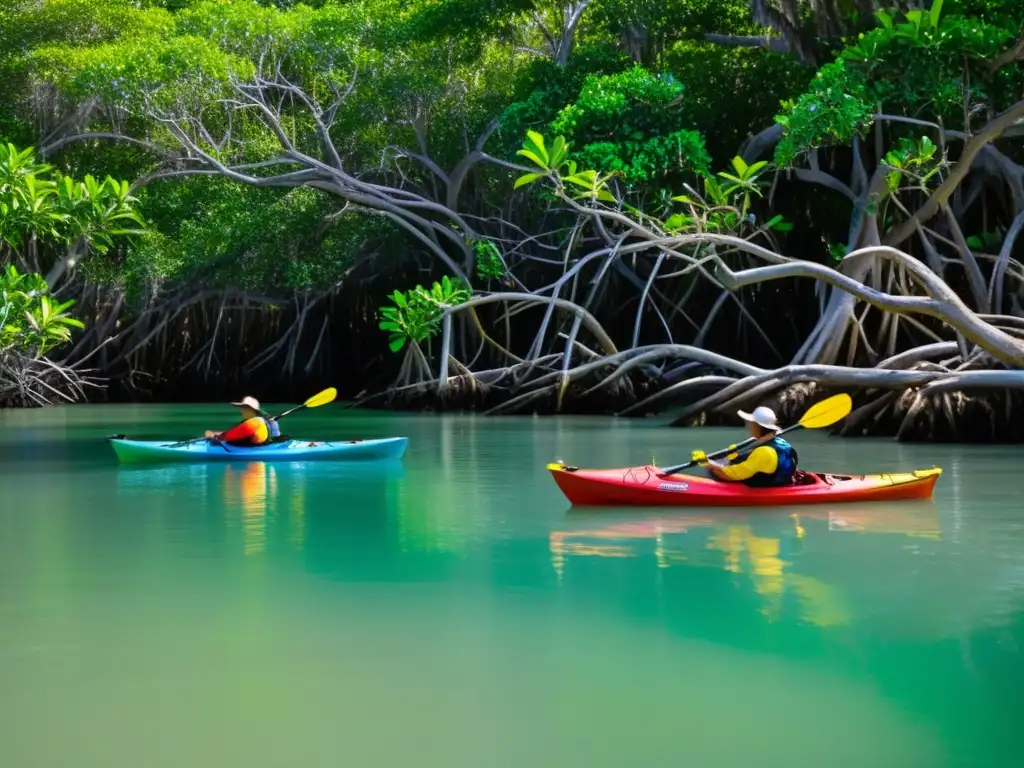 Grupo de kayakers en un manglar, admirando la belleza natural