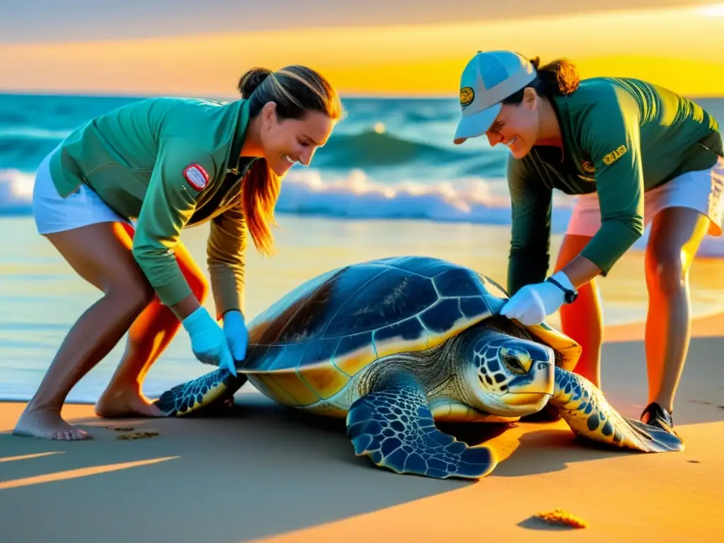 Grupo liberando tortuga marina rehabilitada al océano al atardecer, destacando la financiación para conservación de biodiversidad