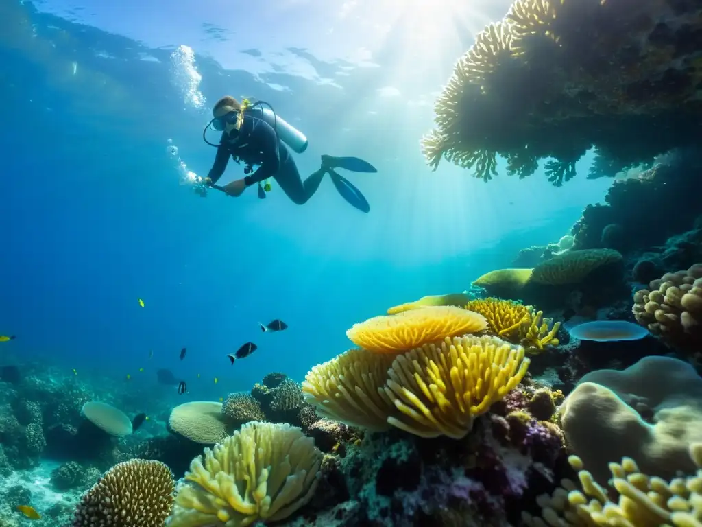 Un grupo de biólogos marinos libera con cuidado alevines en un vibrante arrecife de coral, demostrando la urgencia y dedicación de la sustentabilidad pesca ecosistemas marinos