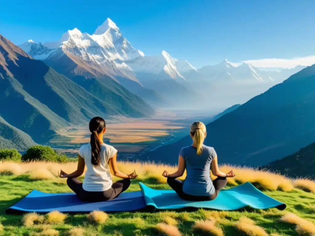 Un grupo practica yoga en la meseta tibetana, rodeados de montañas nevadas y bajo la luz dorada del sol