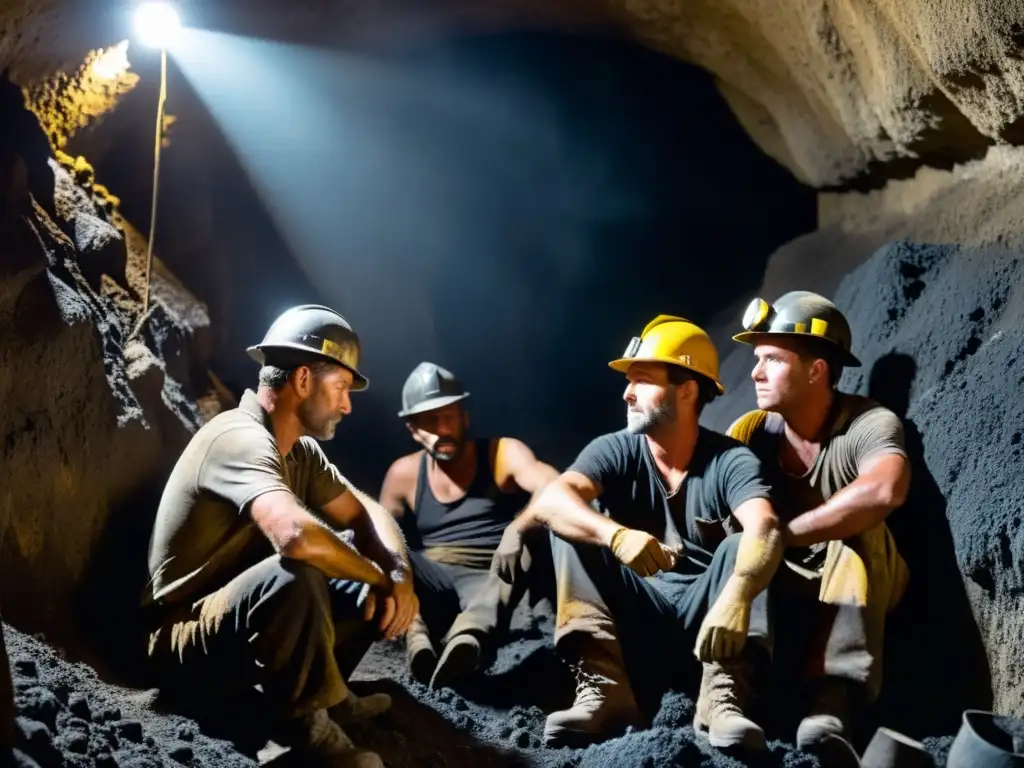 Grupo de mineros de carbón descansando en la mina, reflejando el conflicto social en la industria del carbón