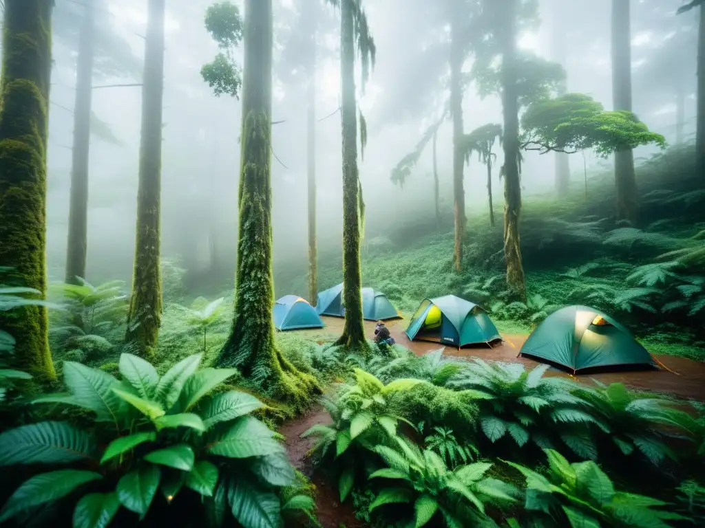 Grupo de mochileros con tiendas de campaña ultraligeras en un bosque lluvioso, creando una atmósfera etérea y mágica