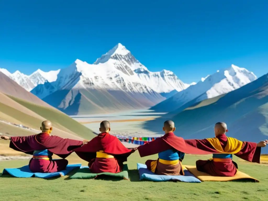 Un grupo de monjes tibetanos practicando yoga en la meseta, rodeados de montañas nevadas, banderas de oración coloridas y arquitectura tradicional