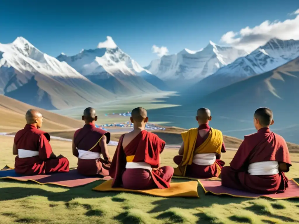 Un grupo de monjes tibetanos practican yoga en la meseta con picos nevados y banderas de oración al viento