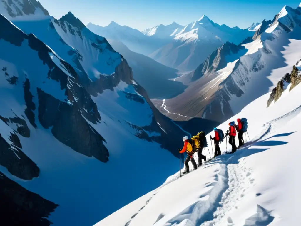 Grupo de montañistas luchando en un paso nevado