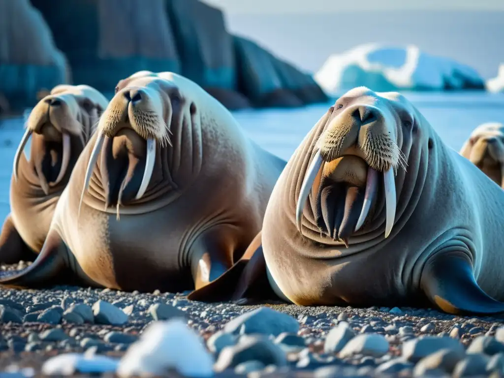 Un grupo de morsas masivas descansa en una playa rocosa del Ártico, destacando su rol ecológico