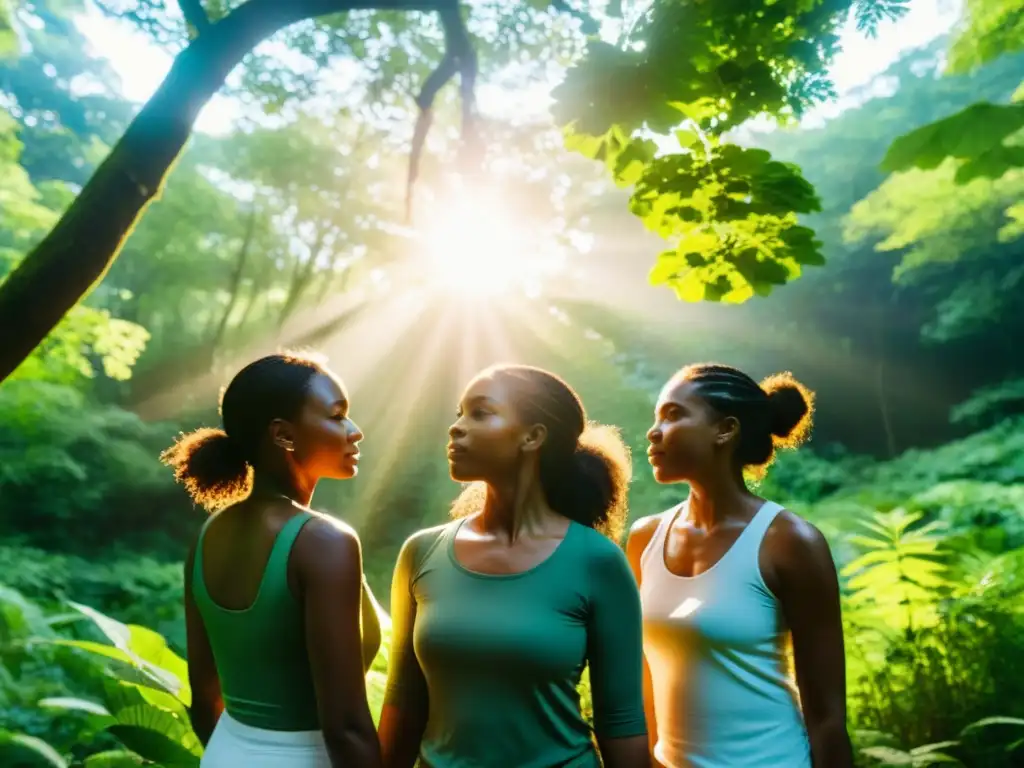 Un grupo de mujeres diversas se unen en un círculo en un bosque exuberante, transmitiendo determinación y empoderamiento