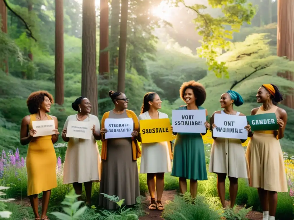 Un grupo de mujeres diversas en la naturaleza, unidas por el ecofeminismo y la sostenibilidad de género