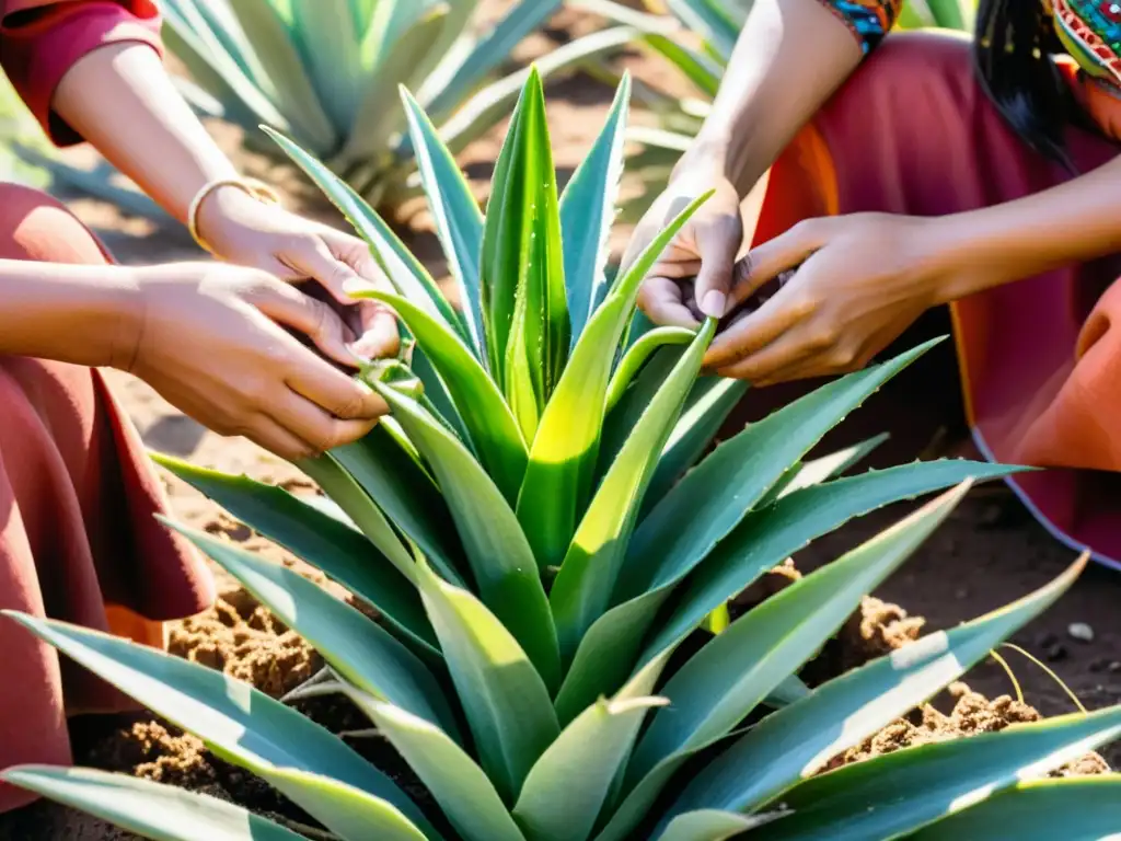 Un grupo de mujeres indígenas cosechando aloe vera con cuidado, encarnando la sabiduría tradicional y la sostenibilidad