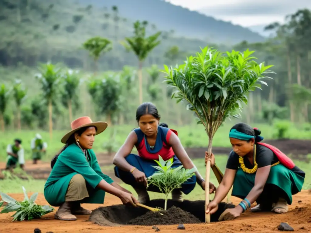 Grupo de mujeres indígenas plantando árboles en un bosque en conflicto, mostrando la conservación en zonas de conflicto y la determinación comunitaria