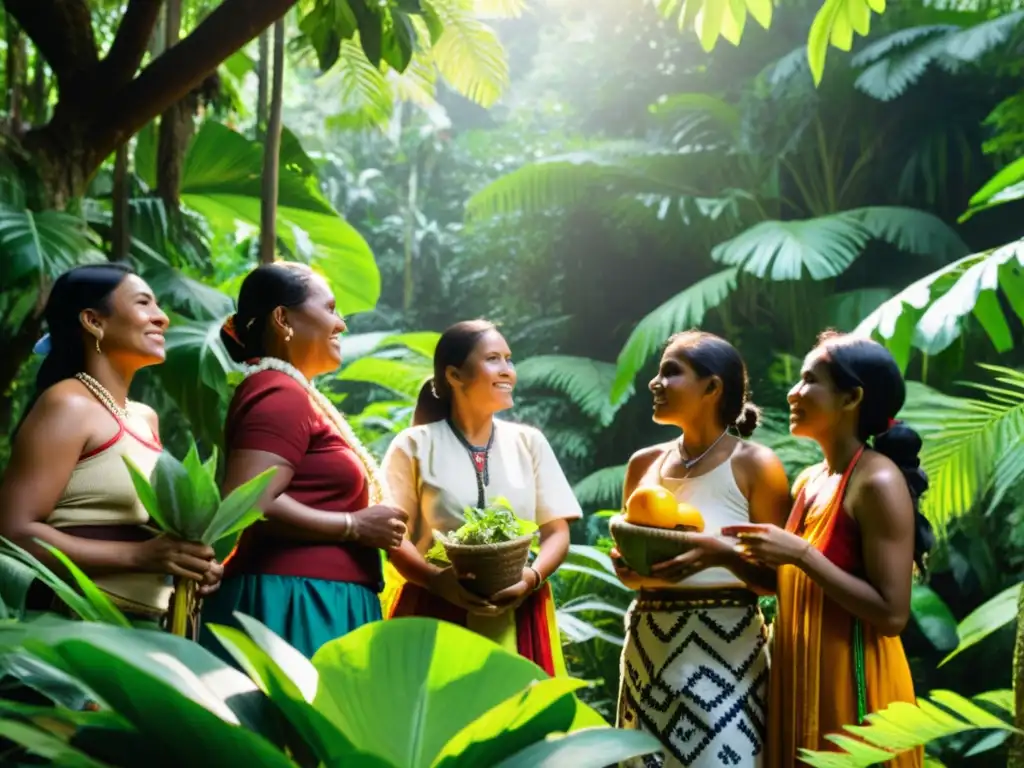 Grupo de mujeres indígenas en la selva, preservando la naturaleza y compartiendo sabiduría