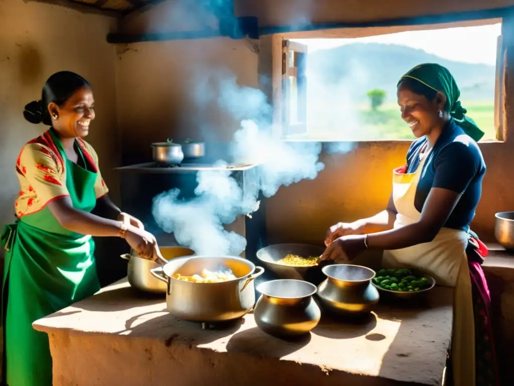 Un grupo de mujeres en ropa tradicional cocinando en una cocina rural con luz solar y humo de las ollas