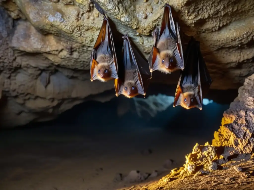 Un grupo de murciélagos colgados boca abajo en una cueva oscura, destacando la importancia de los murciélagos en ecosistemas