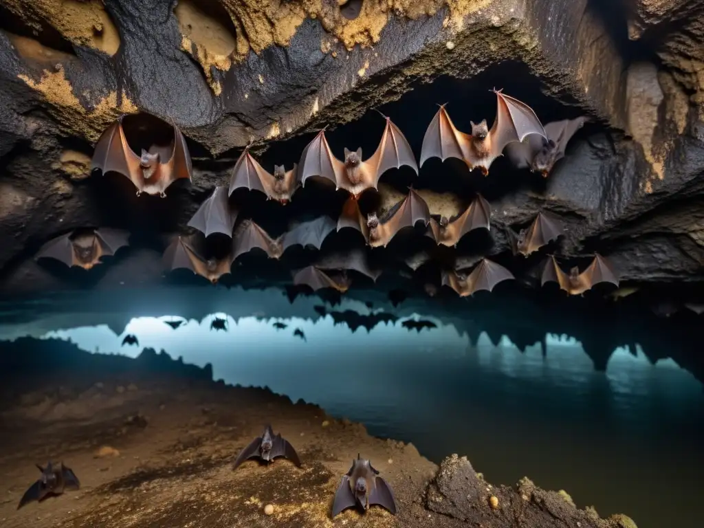 Grupo de murciélagos descansando en cueva húmeda