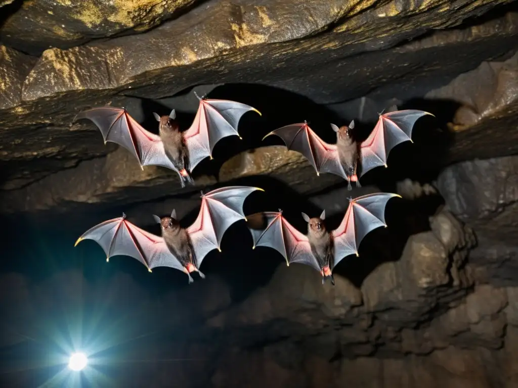 Grupo de murciélagos mexicanos de cola libre en cueva oscura