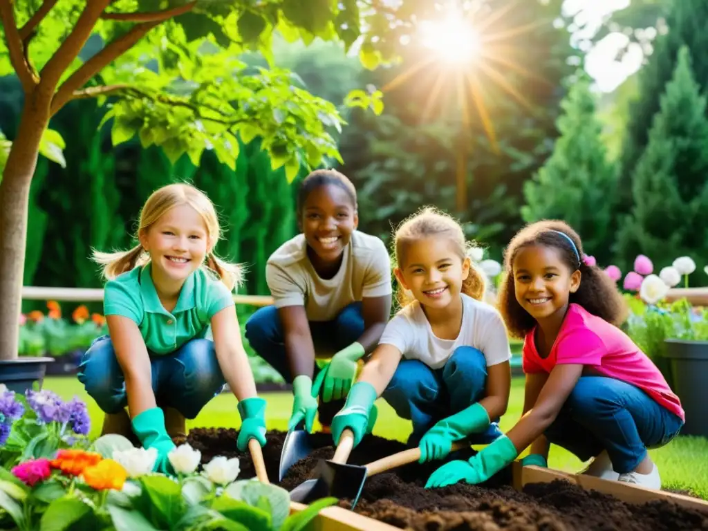 Un grupo de niños cuida con amor su jardín, fomentando el amor por la naturaleza