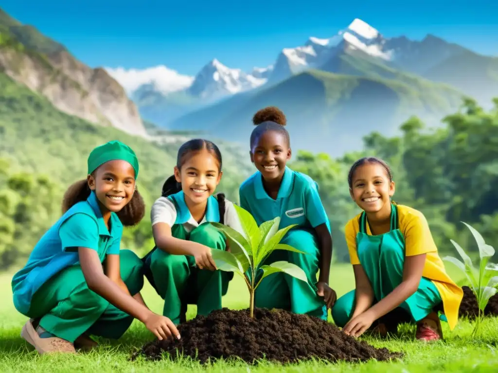 Grupo de niños plantando árboles en un bosque verde, transmitiendo esperanza y educación en sostenibilidad y conservación ambiental