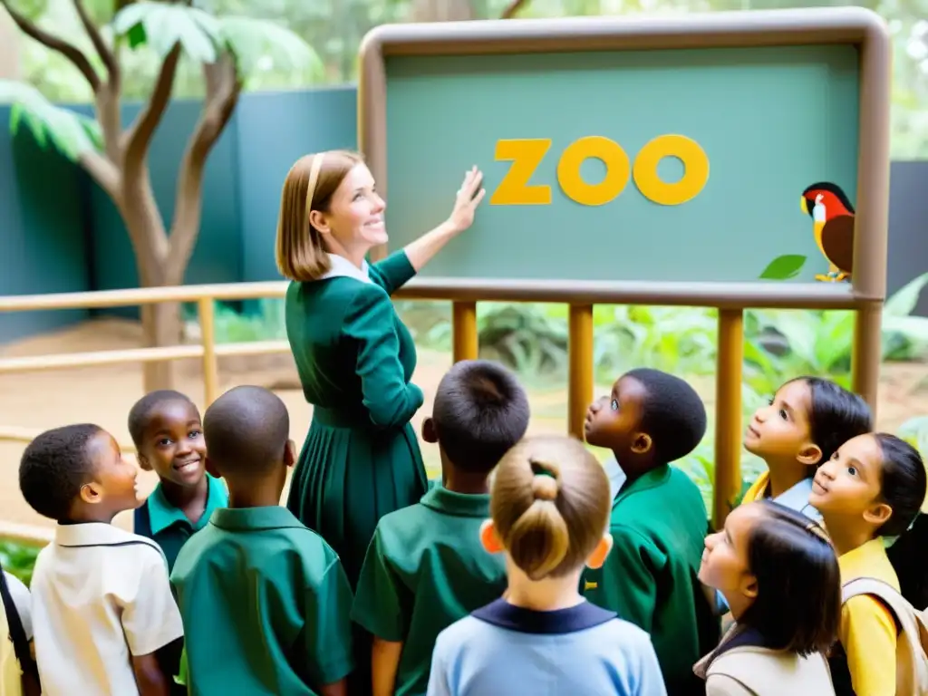 Grupo de niños atentos aprendiendo sobre la importancia de zoológicos y acuarios en educación ambiental, rodeados de naturaleza y animales