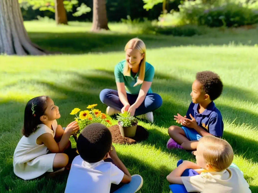 Grupo de niños en círculo escuchando a su maestra mientras exploran la naturaleza