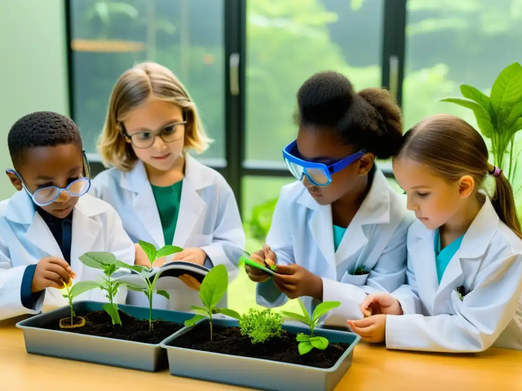 Un grupo de niños conservacionistas realizando una emocionante experiencia de educación científica en un aula llena de luz natural