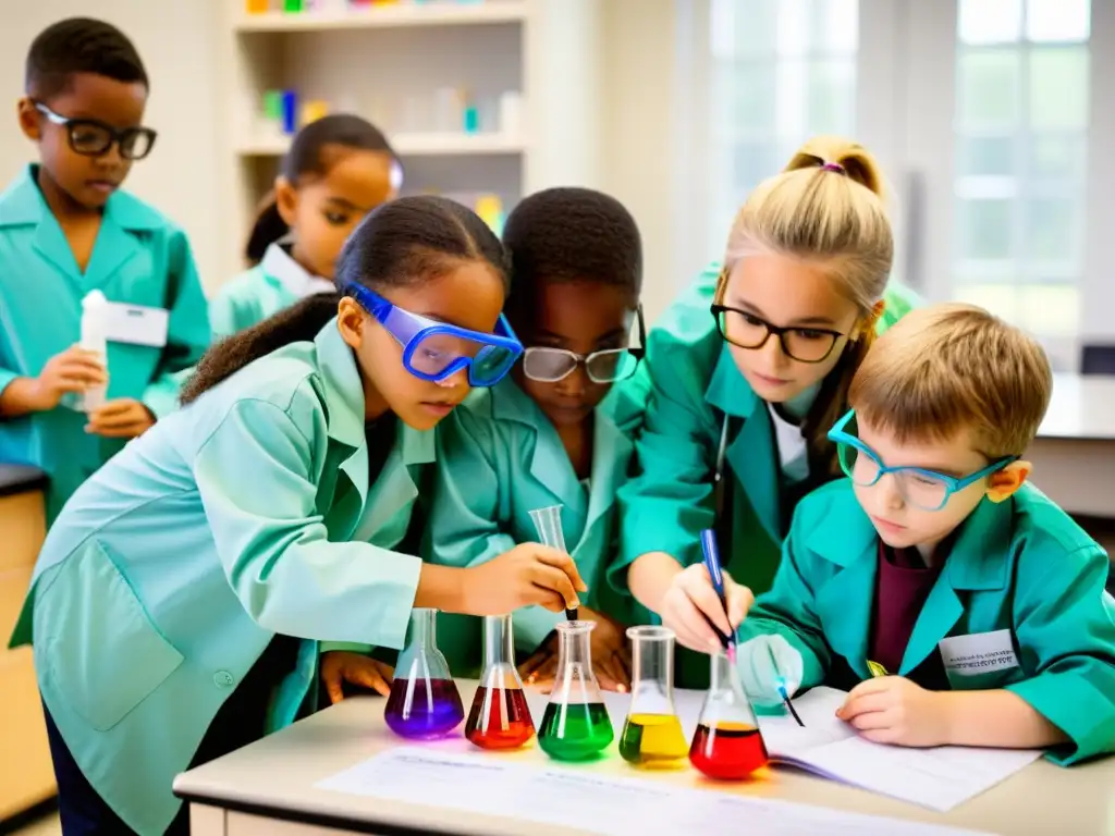 Grupo de niños conservacionistas inmersos en educación científica, experimentando con equipos de laboratorio en un ambiente educativo inspirador