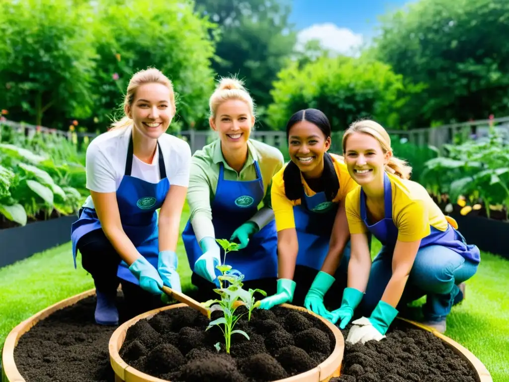 Un grupo de niños con delantales coloridos cuidadosamente plantando plántulas en un jardín elevado, supervisados por un adulto sonriente