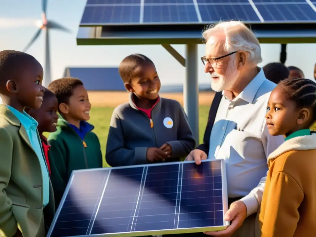 Un grupo de niños diversos, de 7 a 10 años, escuchan con entusiasmo a un educador explicar la ciencia detrás de la energía solar