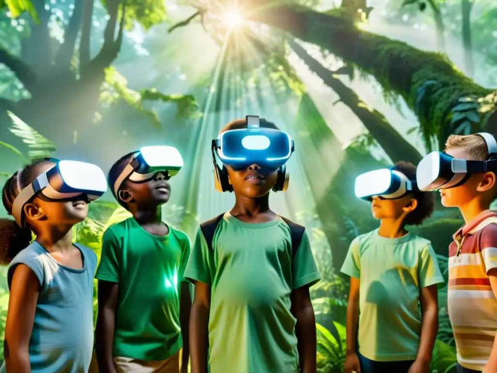 Un grupo de niños diversos, en un bosque verde, exploran realidades virtuales con animales majestuosos